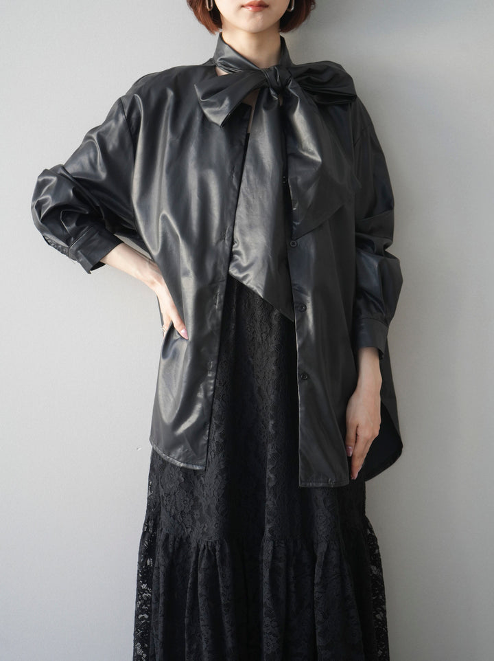 [SET]ギャザー切替レースキャミワンピース+フェイクレザーボウタイブラウス(2set)