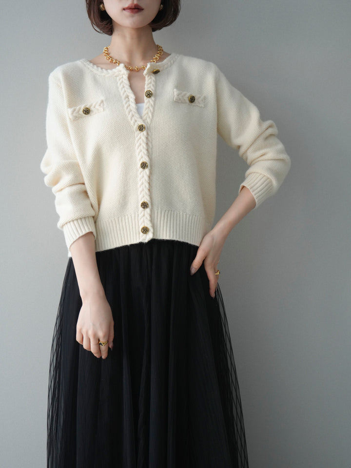 [SET]編みこみアンティークボタンニットカーディガン+チュールストライプボリュームスカート(2set)