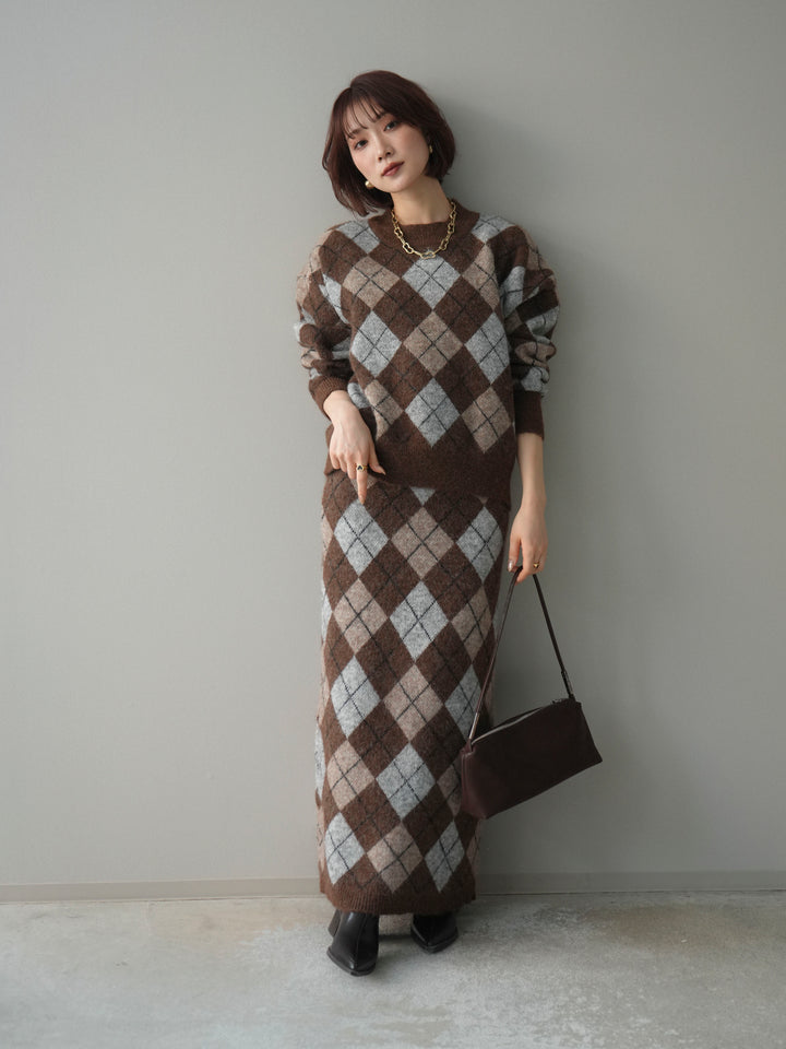 [SET]アーガイルニットプルオーバー&ロングスカートSET UP+選べるアクセセット(2set)