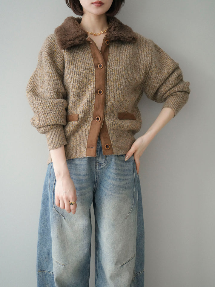 [SET]襟ボアミックスヤーンニットカーディガン+襟ボアミックスヤーンニットカーディガン(2set)