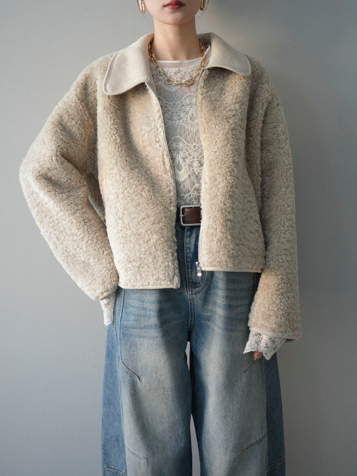 [予約]スエード襟ボアショートジャケット/beige