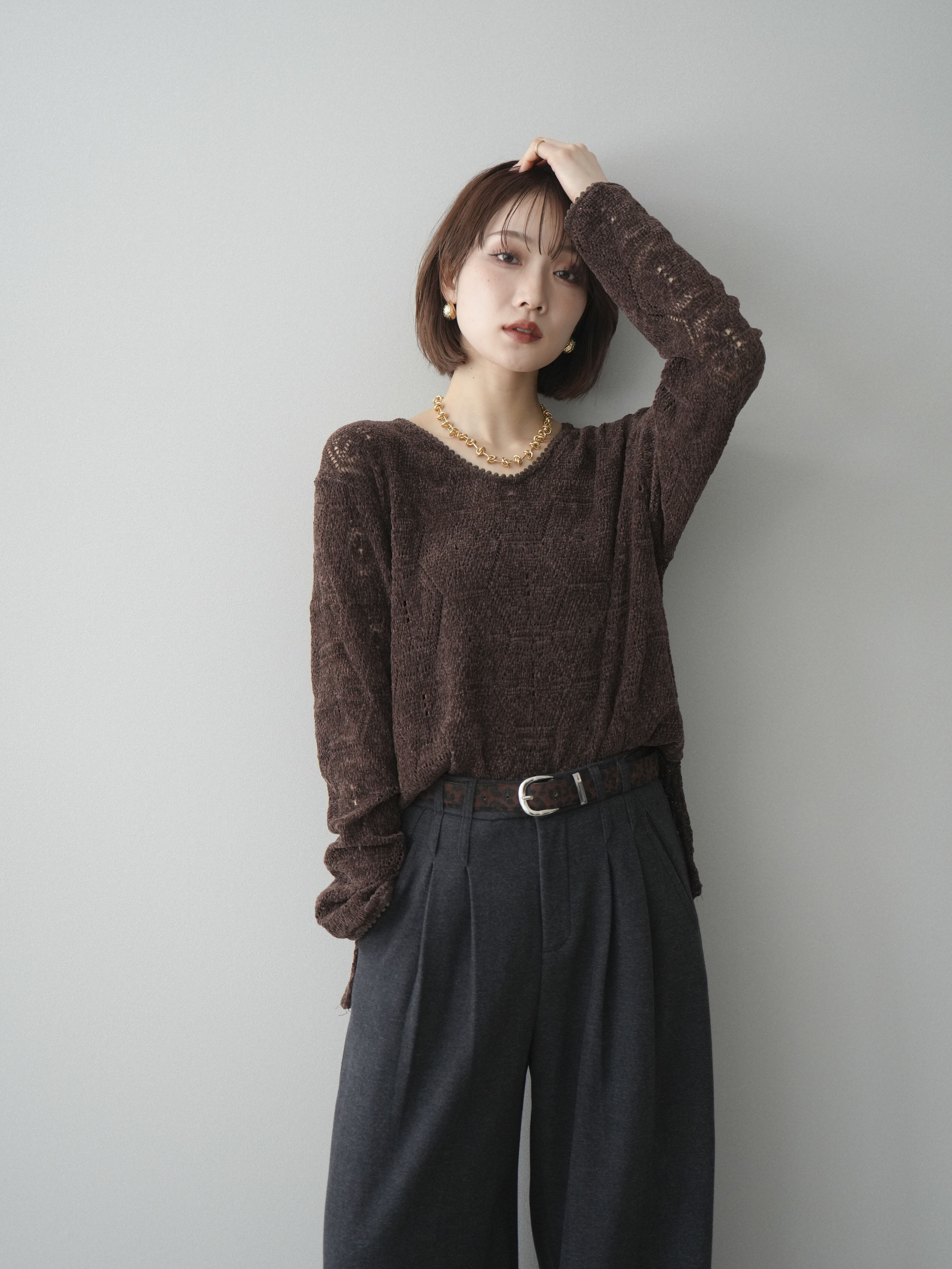 予約]モール透かし編みニットトップス/brown – Lumier