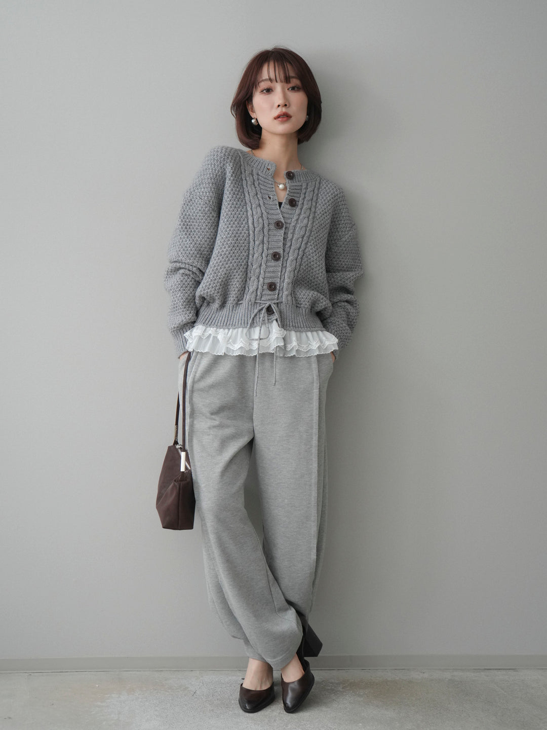 [SET]裾レースケーブルニットカーディガン+2WAYデザインスウェットパンツ(2set)