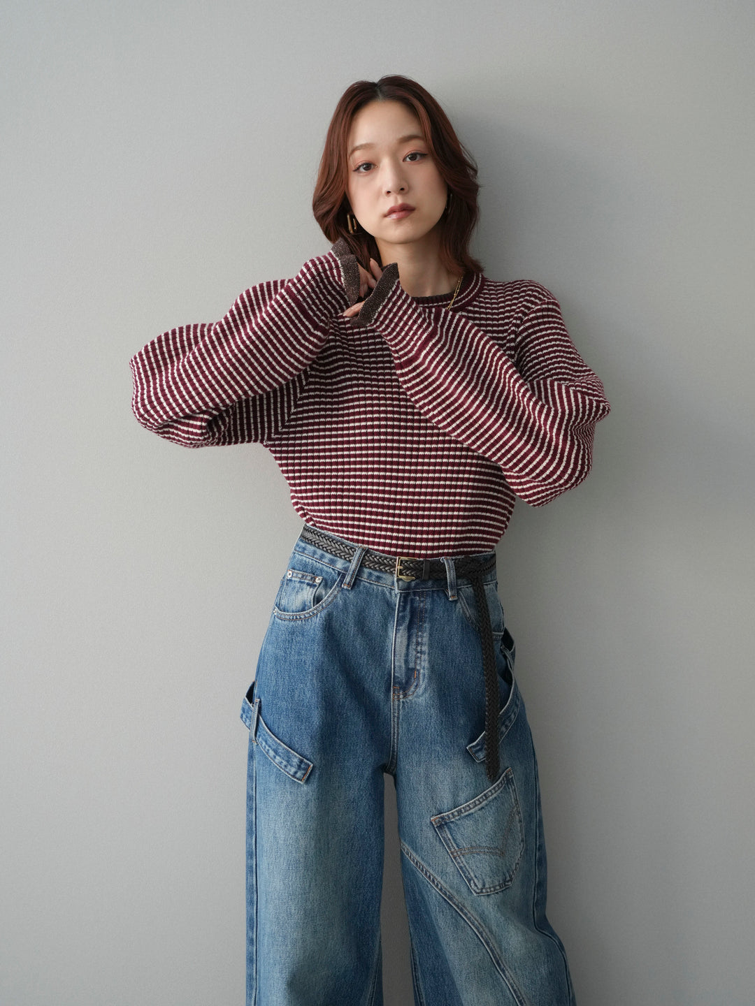 [SET]ラメ異素材ボーダーリブニットプルオーバー+ペインターカーブデニムパンツ(2set)