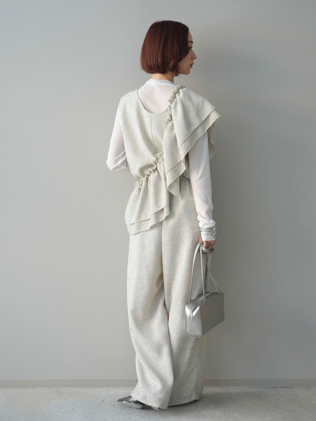 [SET]3WAYミックスツイードギャザーオールインワン+シアープチネックストレッチトップス(2set)