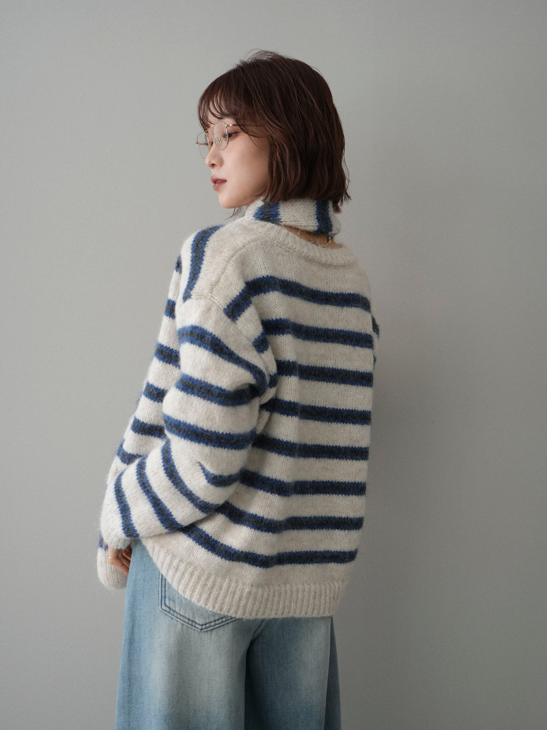 [SET]ボウタイ付きボーダーニットプルオーバー+ベルト付裏起毛カーブデニムパンツ(2set)