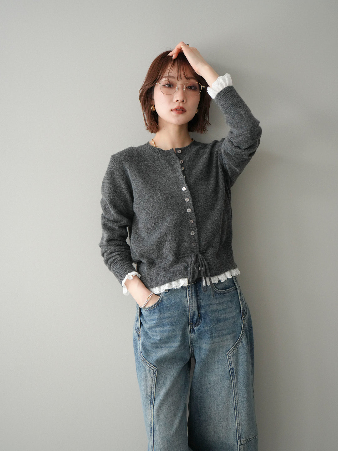 [SET]スカラップレース切り替ニットカーディガン+選べるアクセセット(2set)