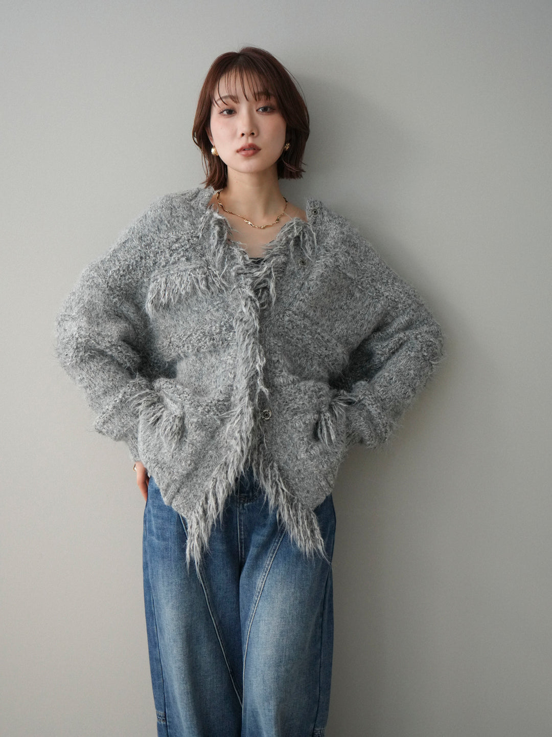 [予約]ミックスヤーンフリンジデザインニットジャケット/gray