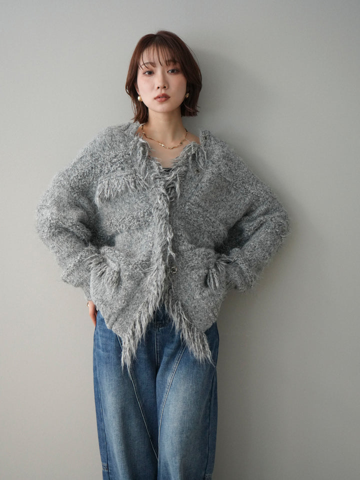 [予約]ミックスヤーンフリンジデザインニットジャケット/gray
