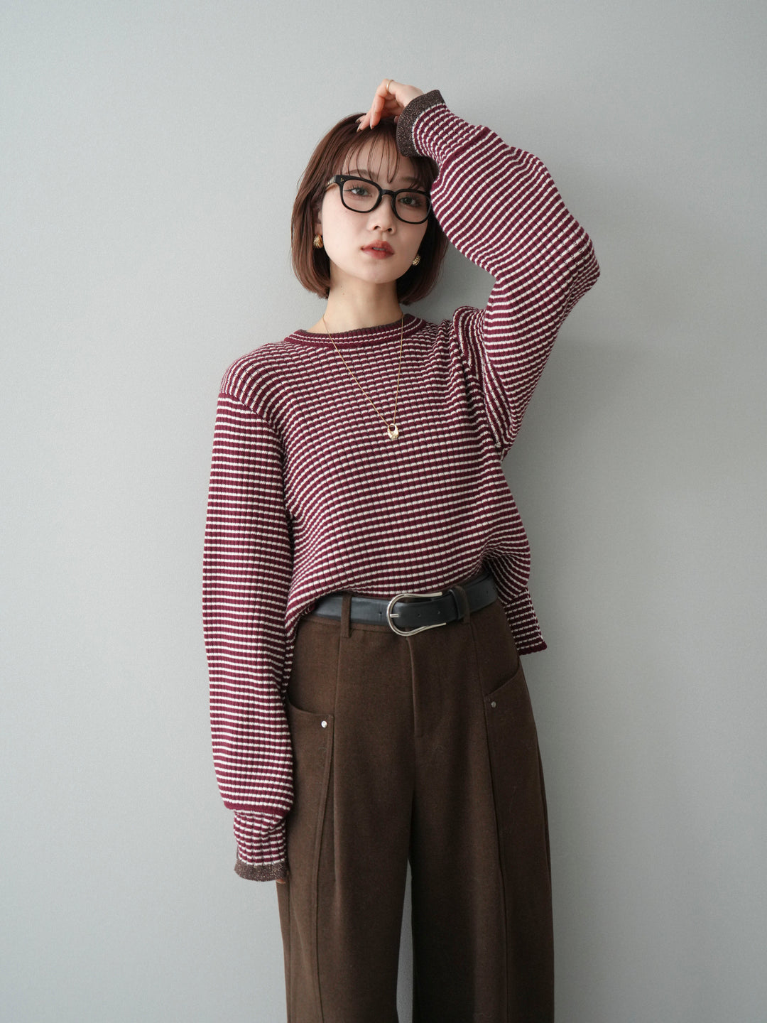 [予約]ラメ異素材ボーダーリブニットプルオーバー/bordeaux×brown