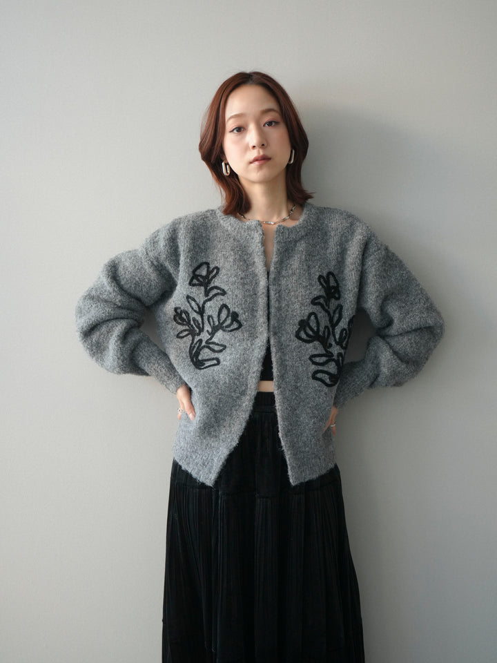 [SET]テープ刺繍ホック開きブークレニットカーディガン+ベロアティアードワッシャースカート(2set)