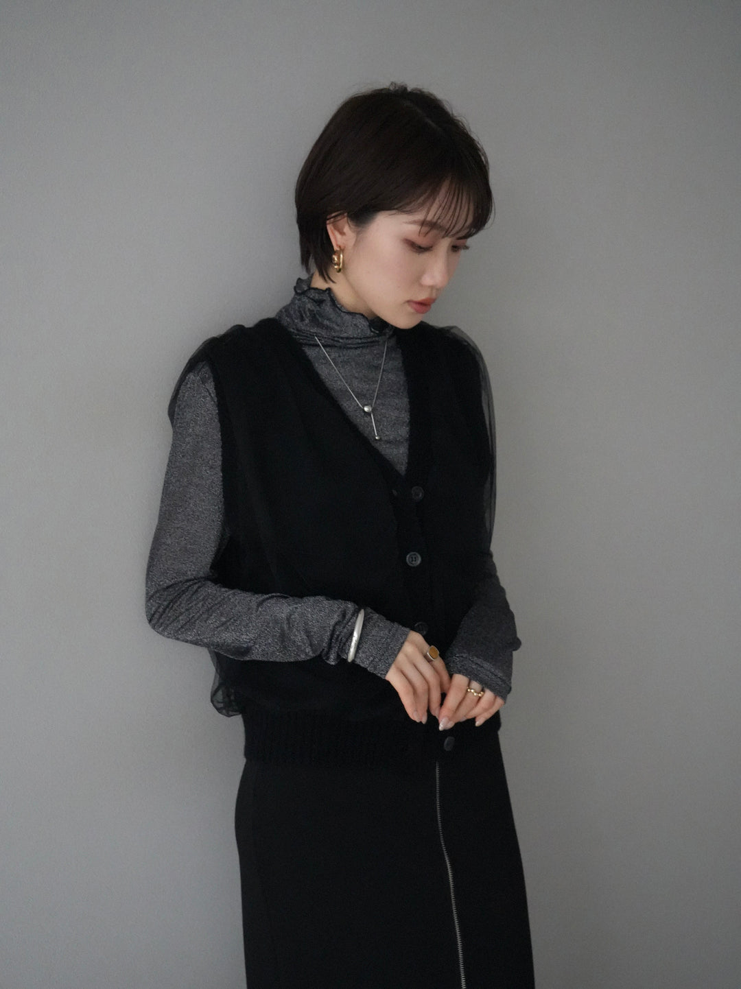 [Pre-order] Tulle layered knit vest/black