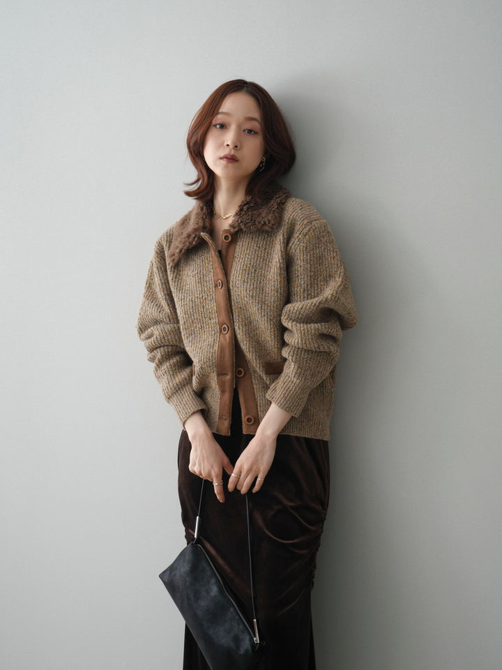 [SET]襟ボアミックスヤーンニットカーディガン+ギャザーベロアスカート(2set)