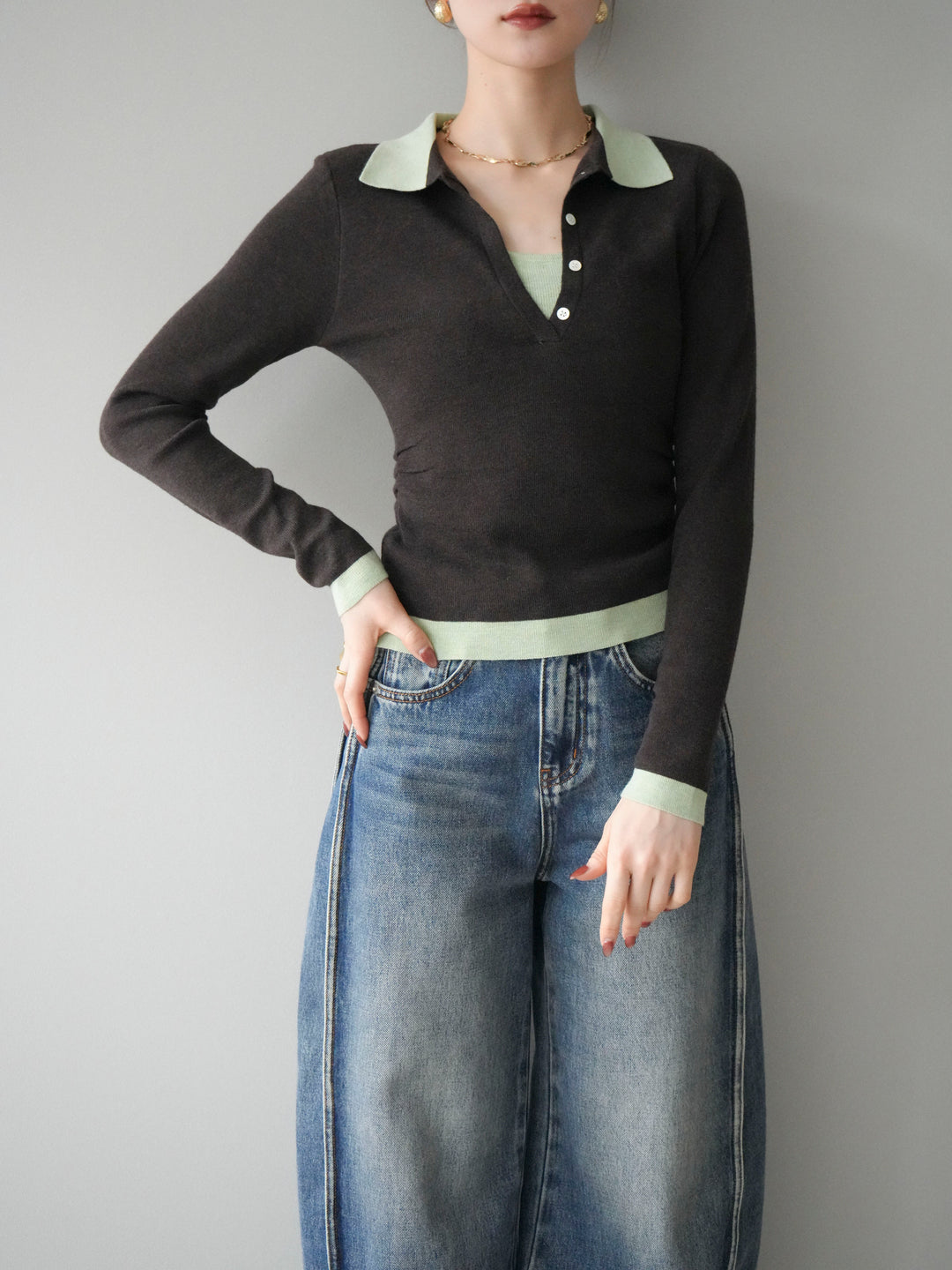 [予約]レイヤード配色ポロニットトップス/darkbrown