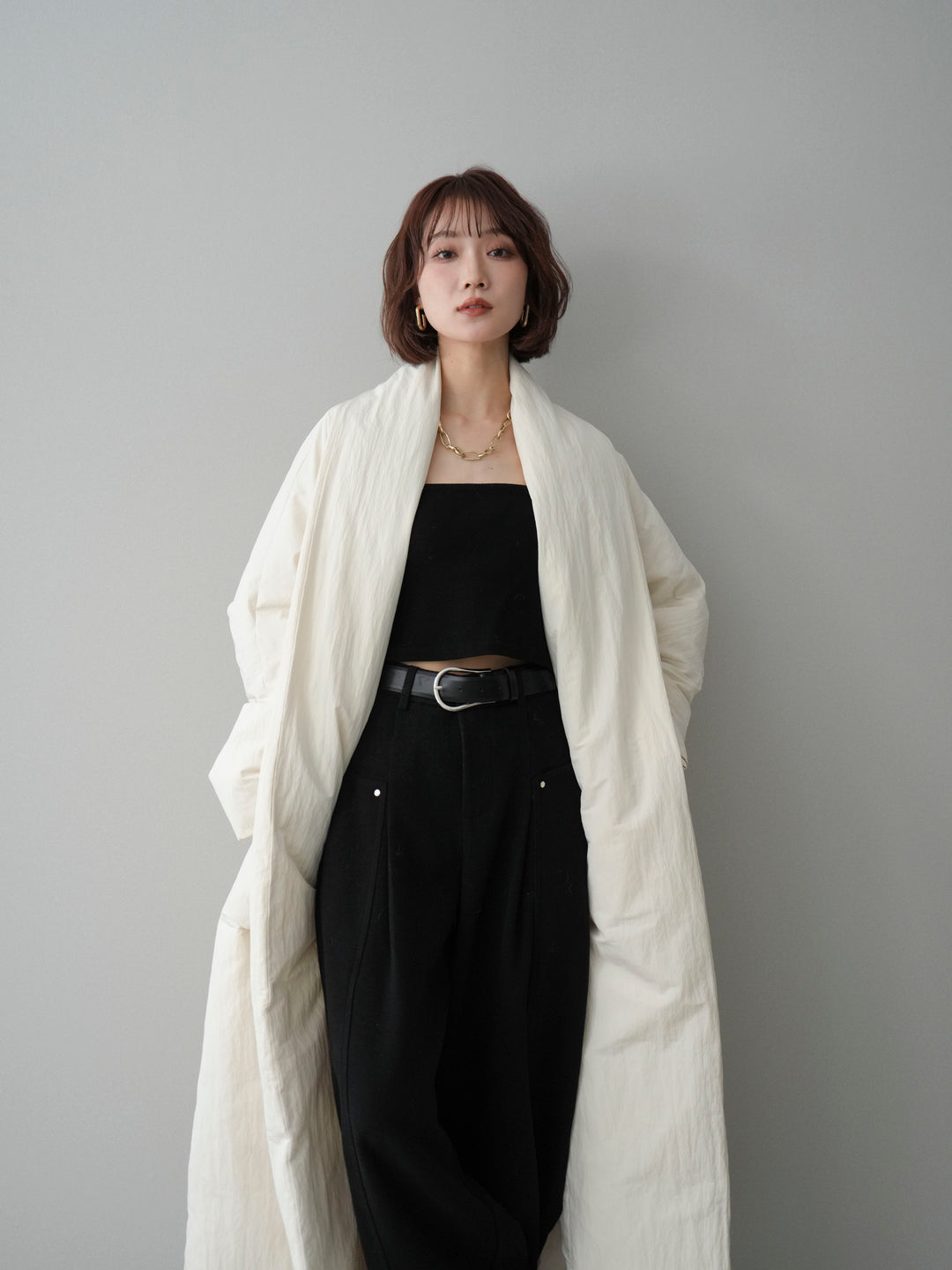 [SET]ロングダウンコート+ベルト付起毛コクーンパンツ(2set)