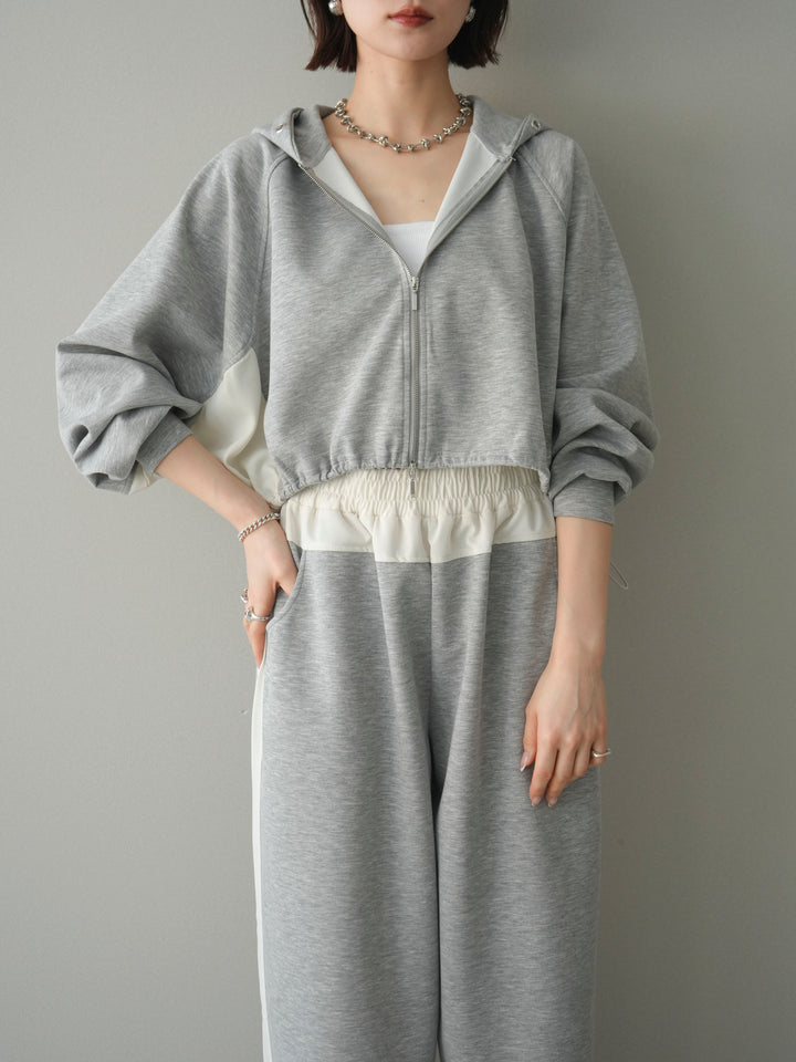 [予約]バイカラー異素材ライトポンチクロップドZIPフーディー/gray