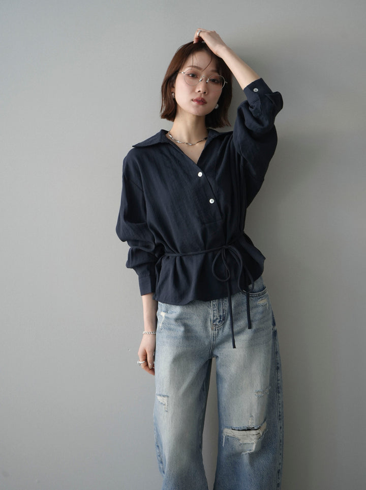 [予約]Vネック変形ラインシャツ/navy