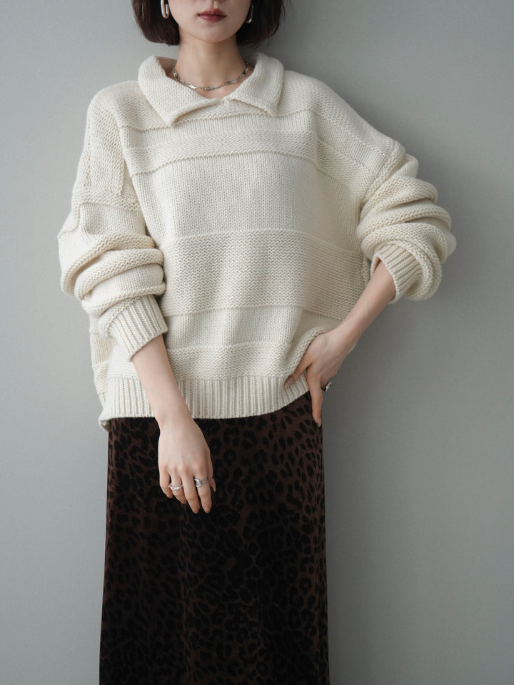 [SET]襟付きボーダー編みニットプルオーバー+レオパードベロアナロースカート(2set)