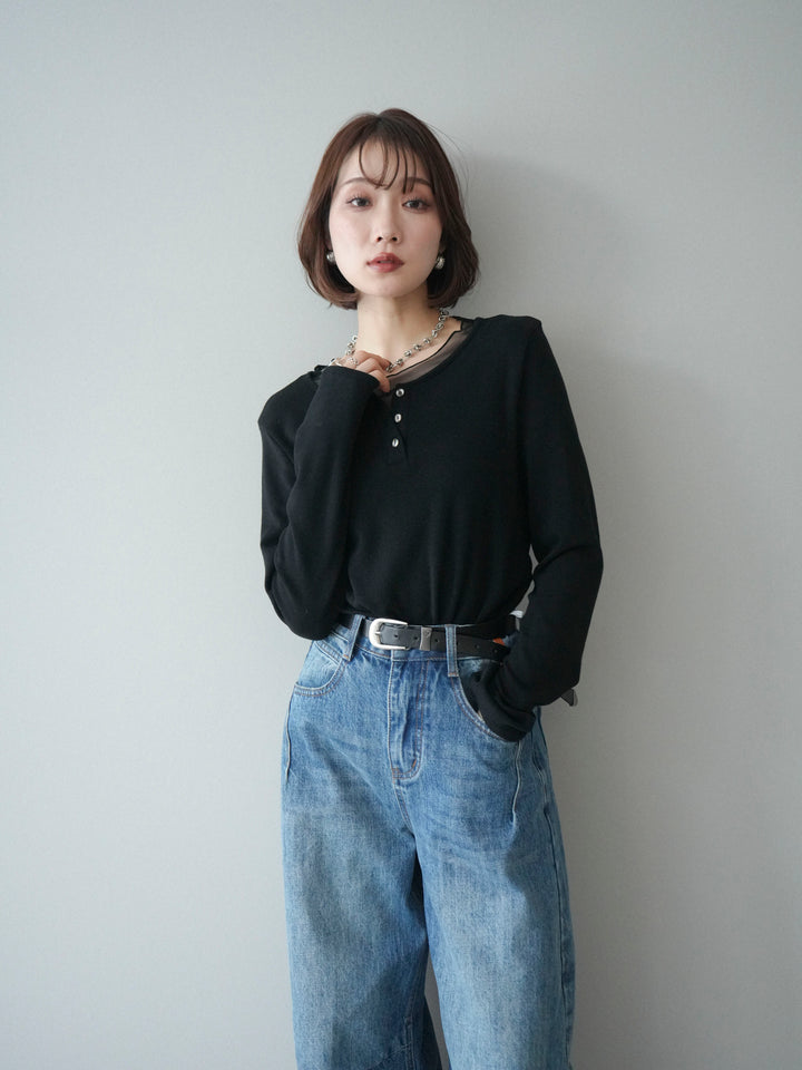 [予約]チュールレイヤードヘンリーネックカットソー/black