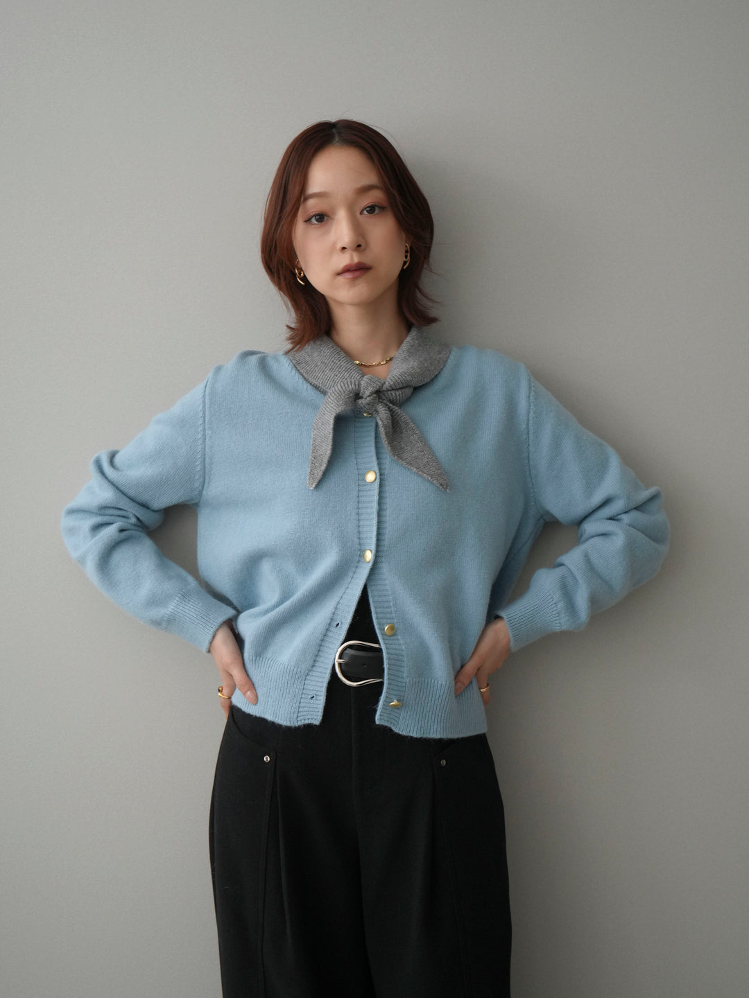 [SET]デザイン襟ニットカーディガン+ベルト付起毛コクーンパンツ(2set)