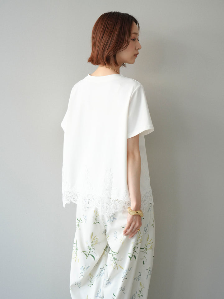 【套裝】蕾絲拼接方領T卹+印花束腰褲（兩件組）