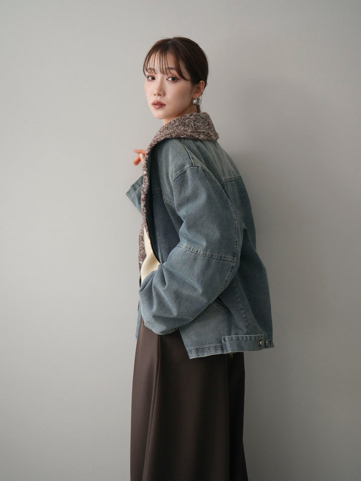 [SET]ミックスボアデニムジャケット+シルバーボタン畦編みニットカーディガン+テープベルトタックバギーパンツ(3set)