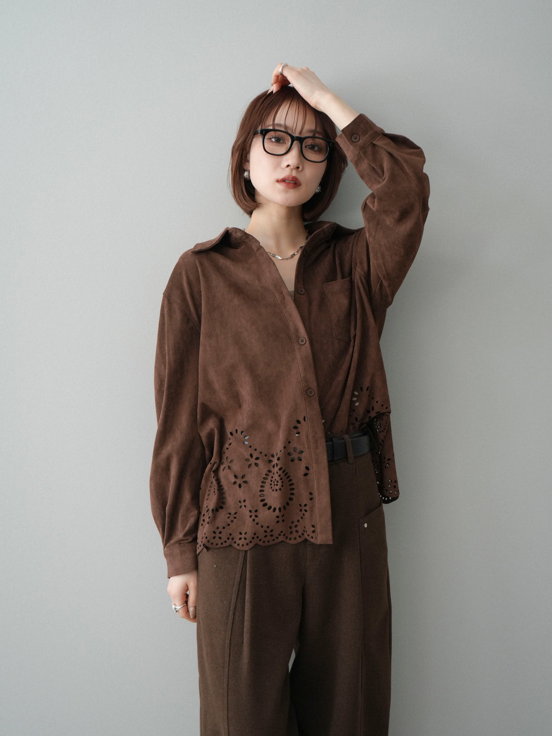 [SET]裾スカラップスエードシャツ+ベルト付起毛コクーンパンツ(2set)