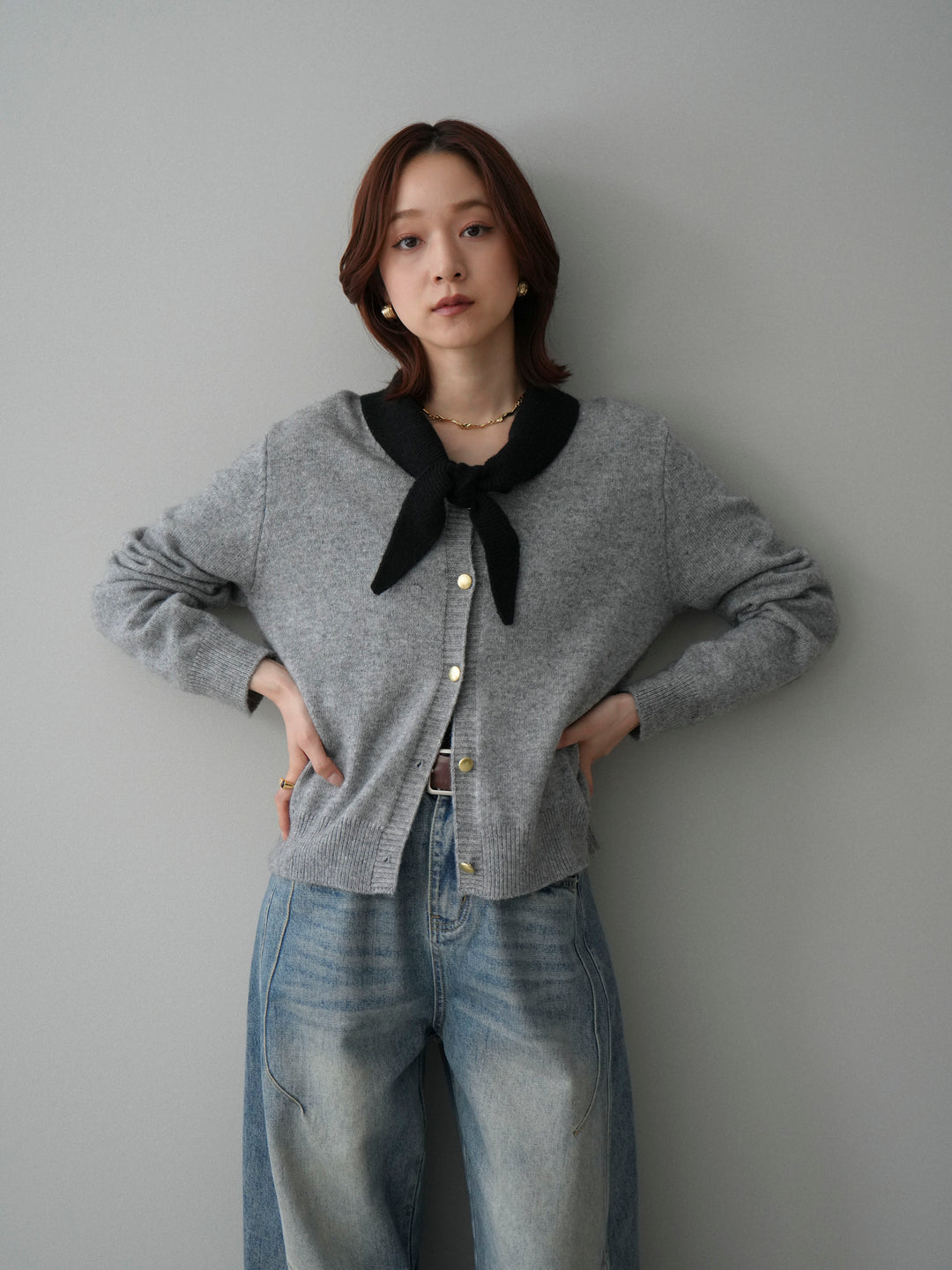 [SET]デザイン襟ニットカーディガン+ベルト付カーブデニムパンツ(2set)