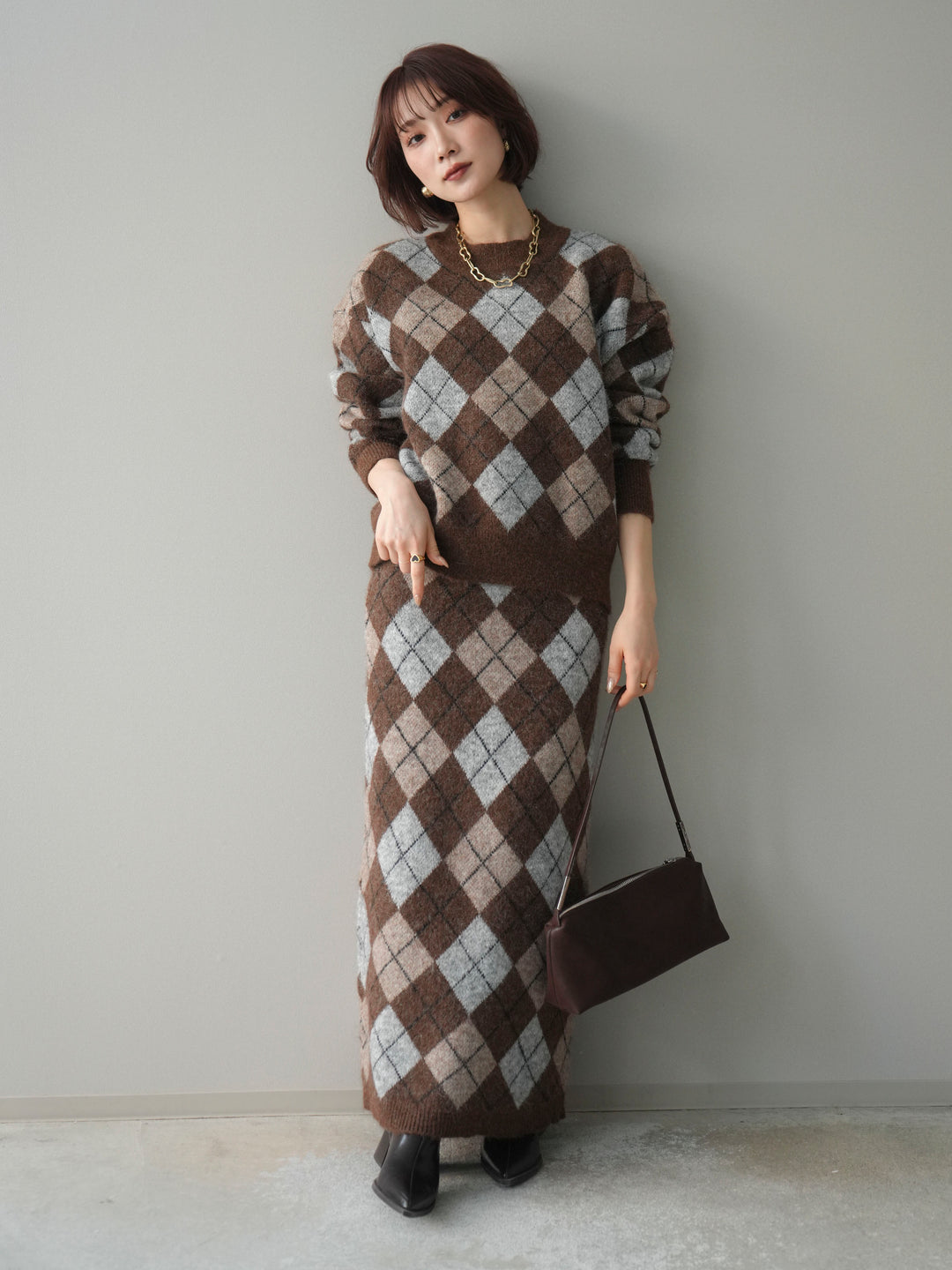 [SET]アーガイルニットプルオーバー&ロングスカートSET UP(2set)