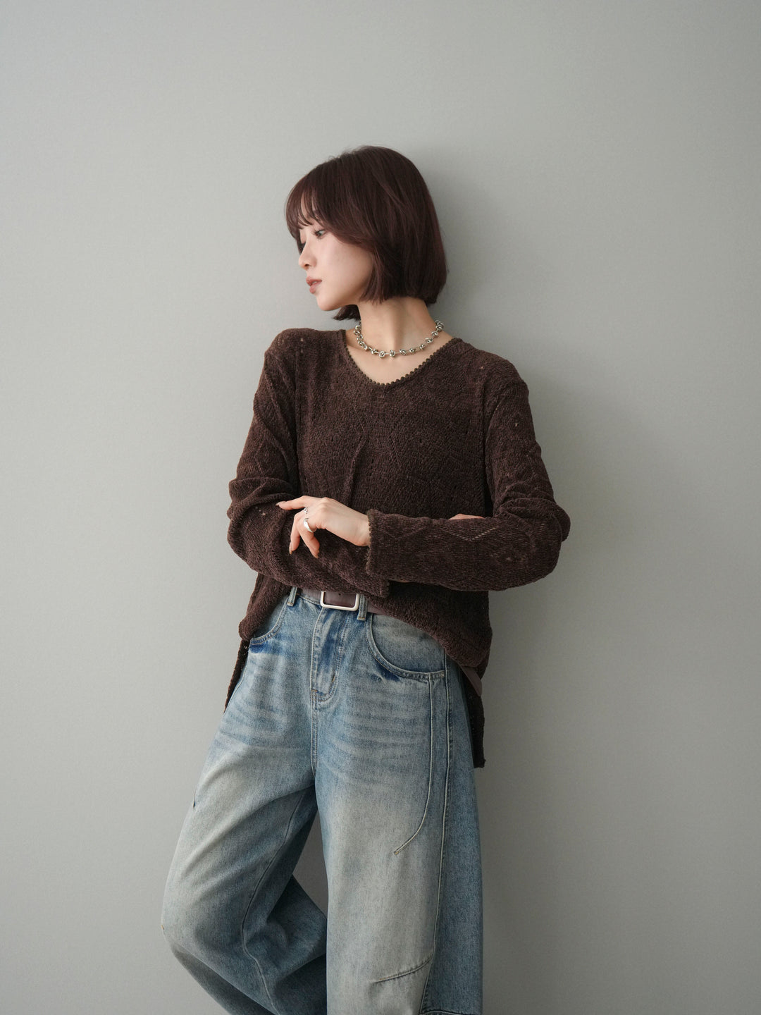 [SET]モール透かし編みニットトップス+選べるアクセセット(2set)