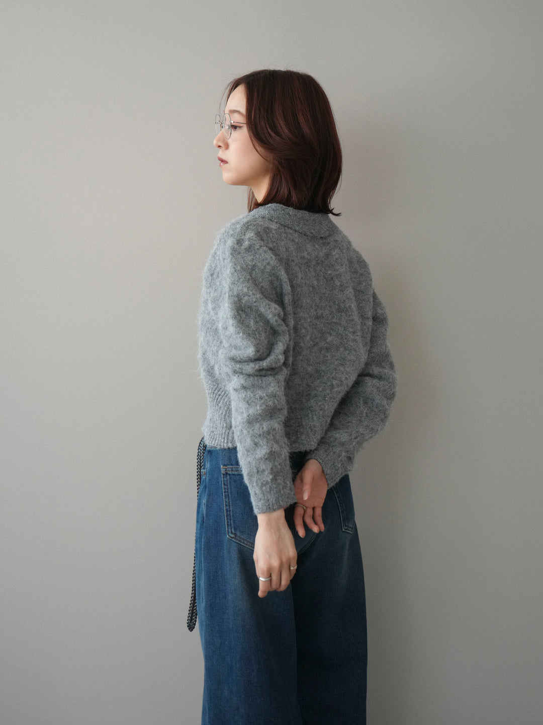 [SET]モヘア衿付きボタンプルオーバー+裏起毛裾フリンジワイドデニムパンツ(2set)