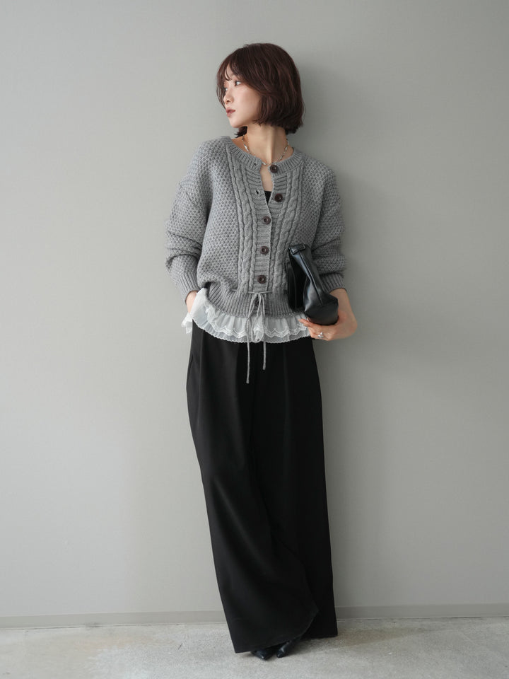 [SET]裾レースケーブルニットカーディガン+ベルトループデザインワイドパンツ(2set)