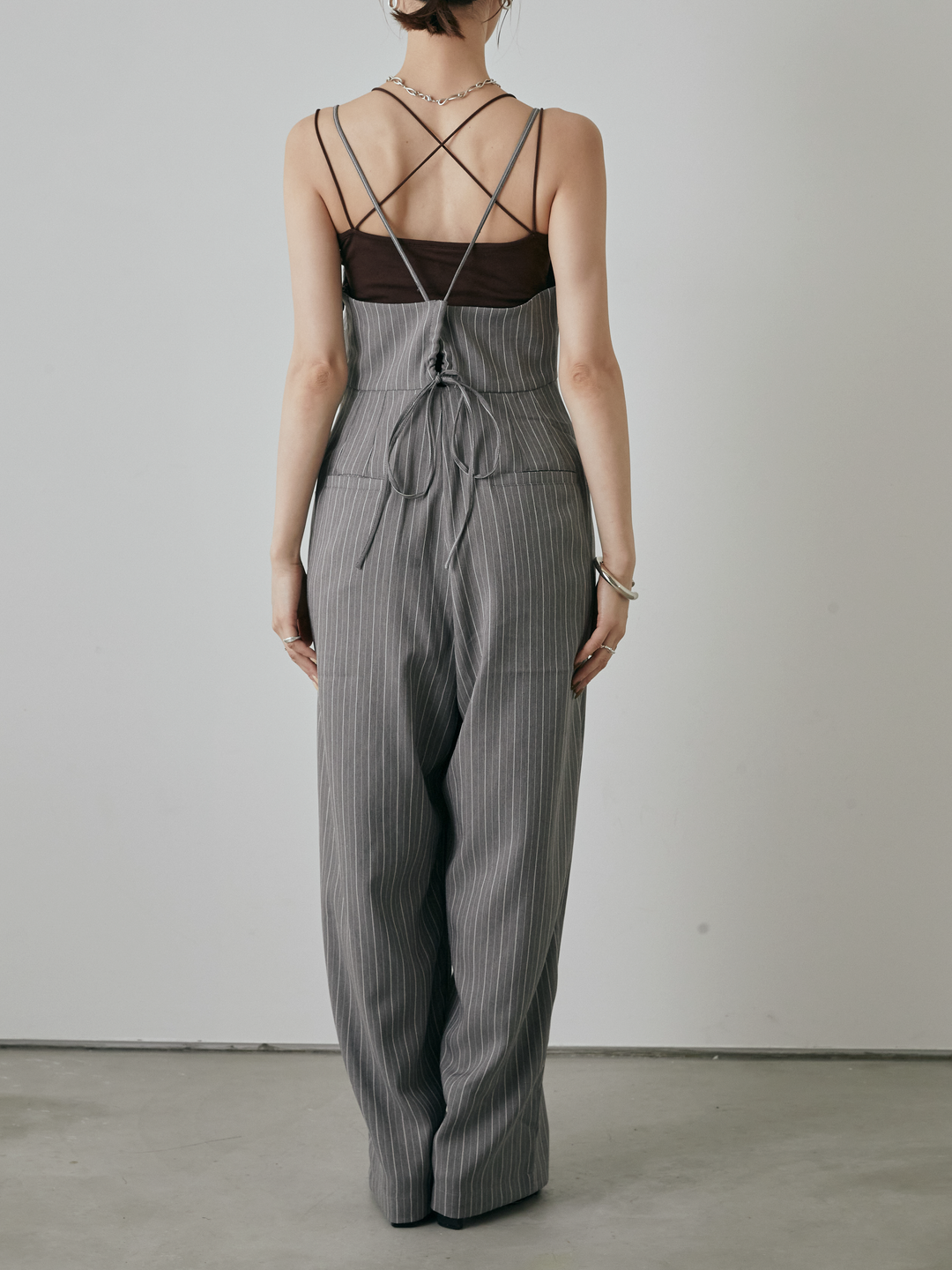 [予約]ヘリンボーンストライプサロペット/チャコール