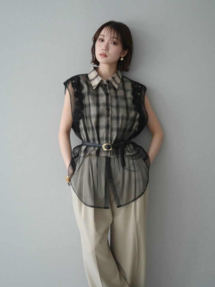 [予約]チュールドッキングチェックノースリブラウス/beige