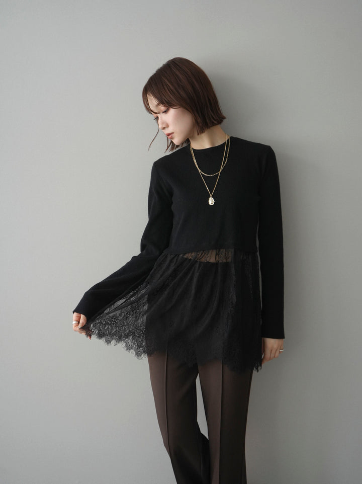 [予約]クルーネックレースドッキングリブニットトップス/black