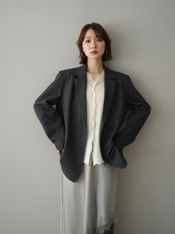 [SET]ダブルブレストオーバージャケット+レースネックジャガードニットカーディガン(2set)