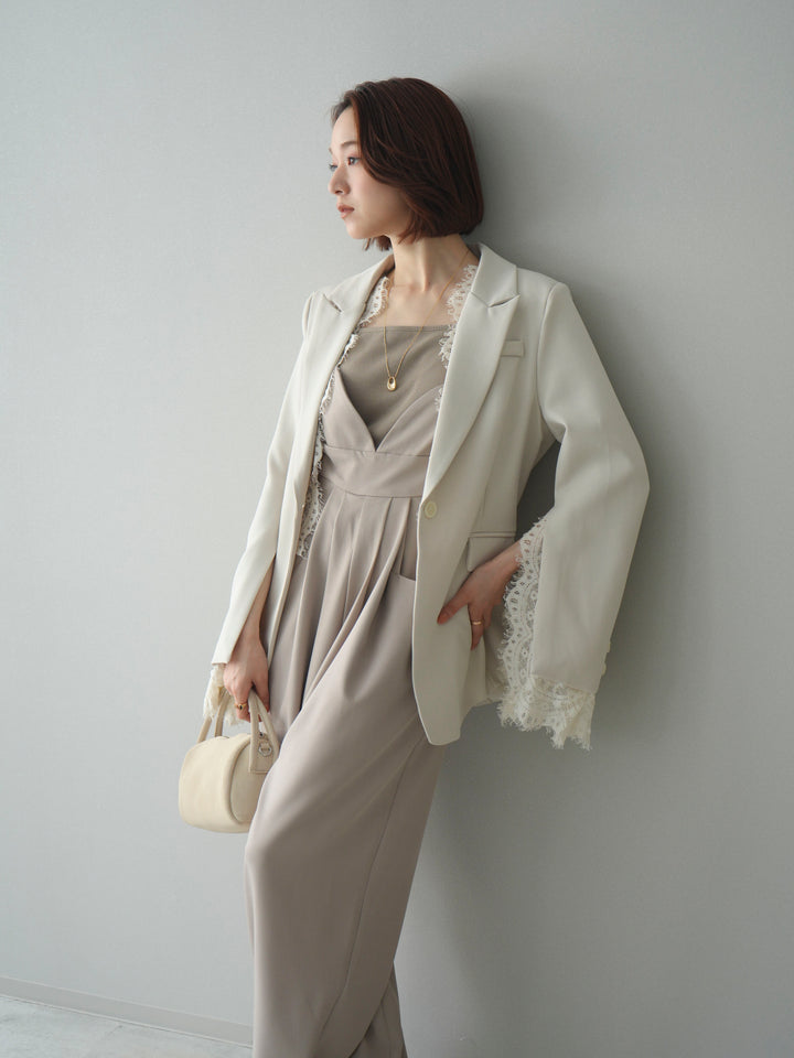 [SET]レースレイヤードスリットジャケット+バックデザインサロペット(2set)