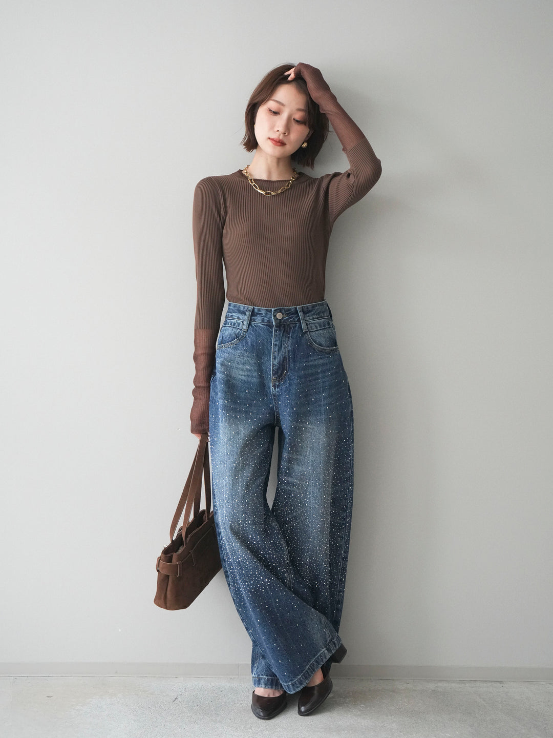 [SET]リブラメシアー切替リブニットトップス+ラインストーンカーブデニムパンツ(2set)