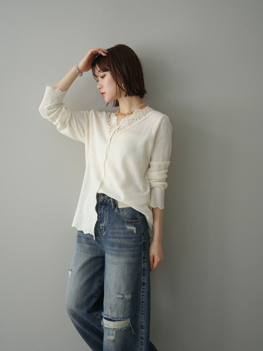 [SET]レースネックジャガードニットカーディガン+ダメージデニムセミワイドパンツ(2set)