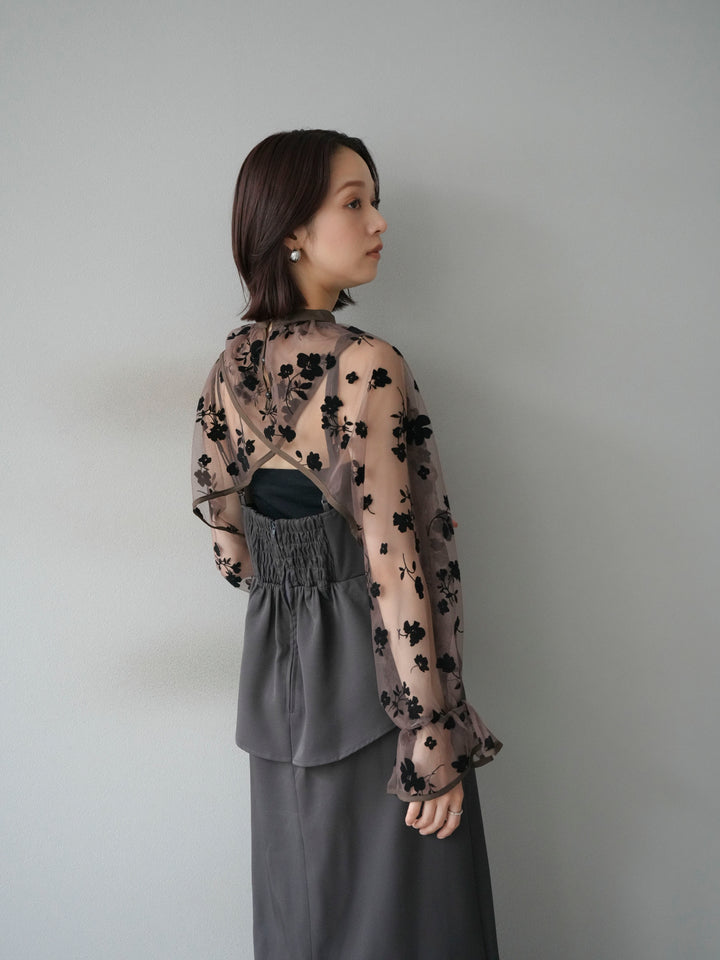 [予約]チュールフラワーフロッキーショートブラウス/ブラウン