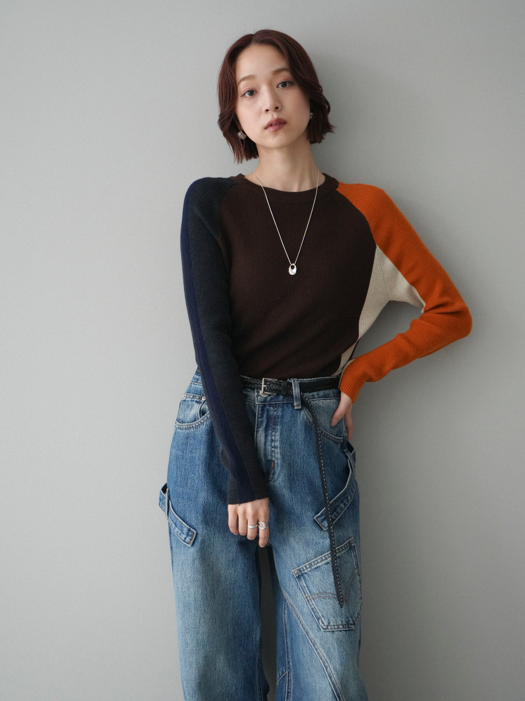 [SET]バイカラーラグランニットトップス+選べるアクセセット(2set)