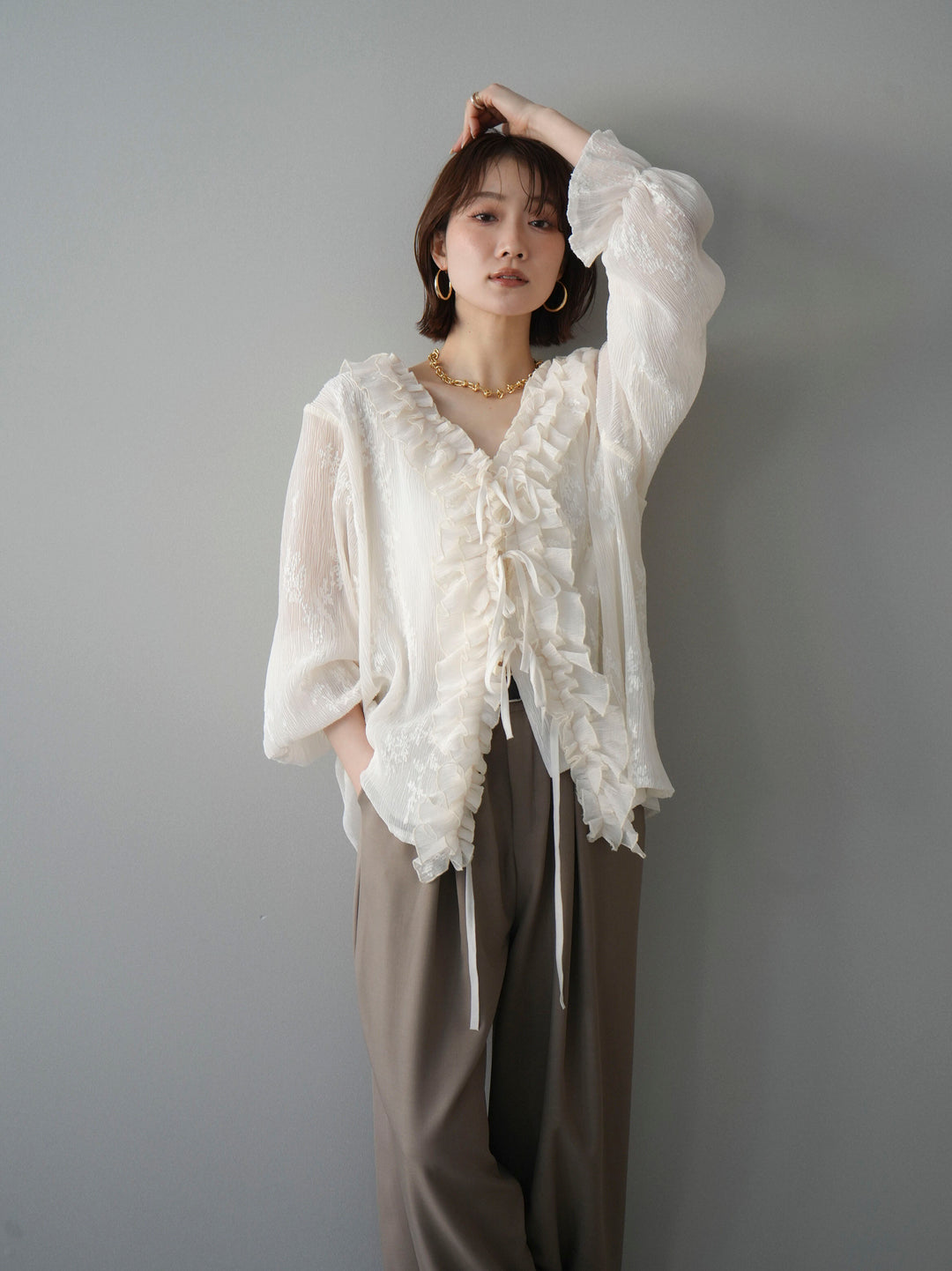 [SET]楊柳ラッフルフリルカーディガン+選べるアクセセット(2set)