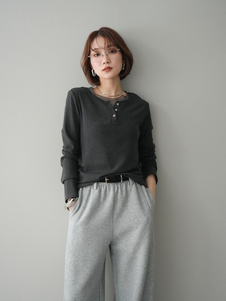 [予約]チュールレイヤードヘンリーネックカットソー/charcoal