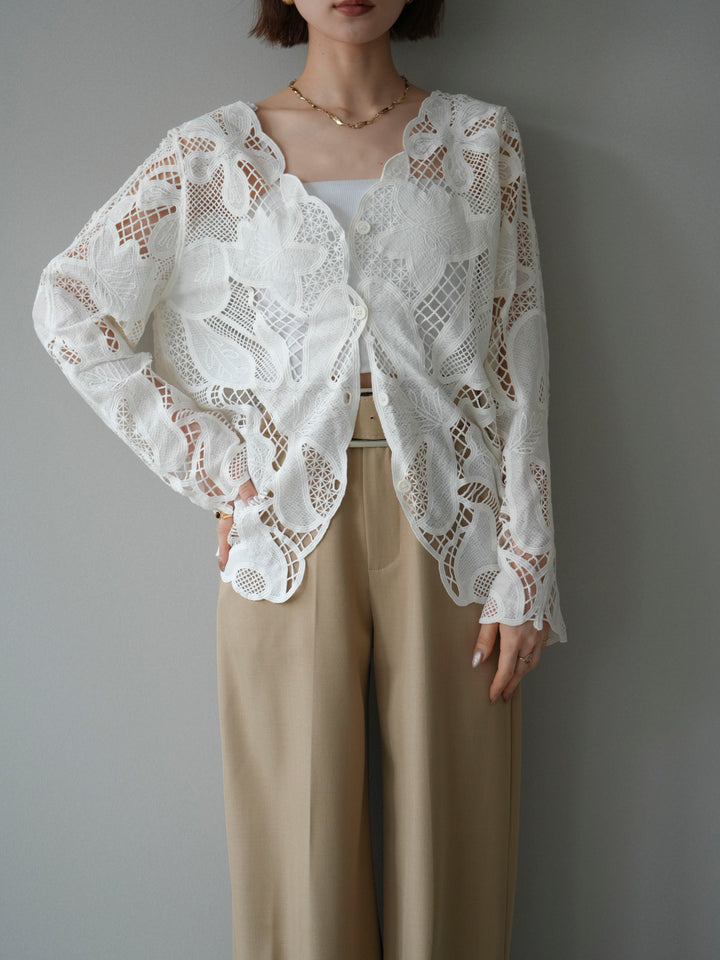 【套裝】3D蕾絲蕾絲上衣+內建胸罩羅紋抹胸吊帶背心（兩件組）