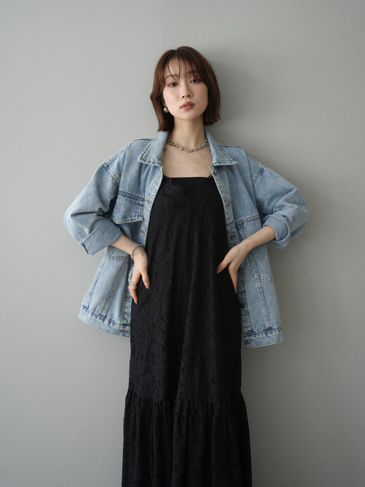 [予約]ギャザー切替レースキャミワンピース/black