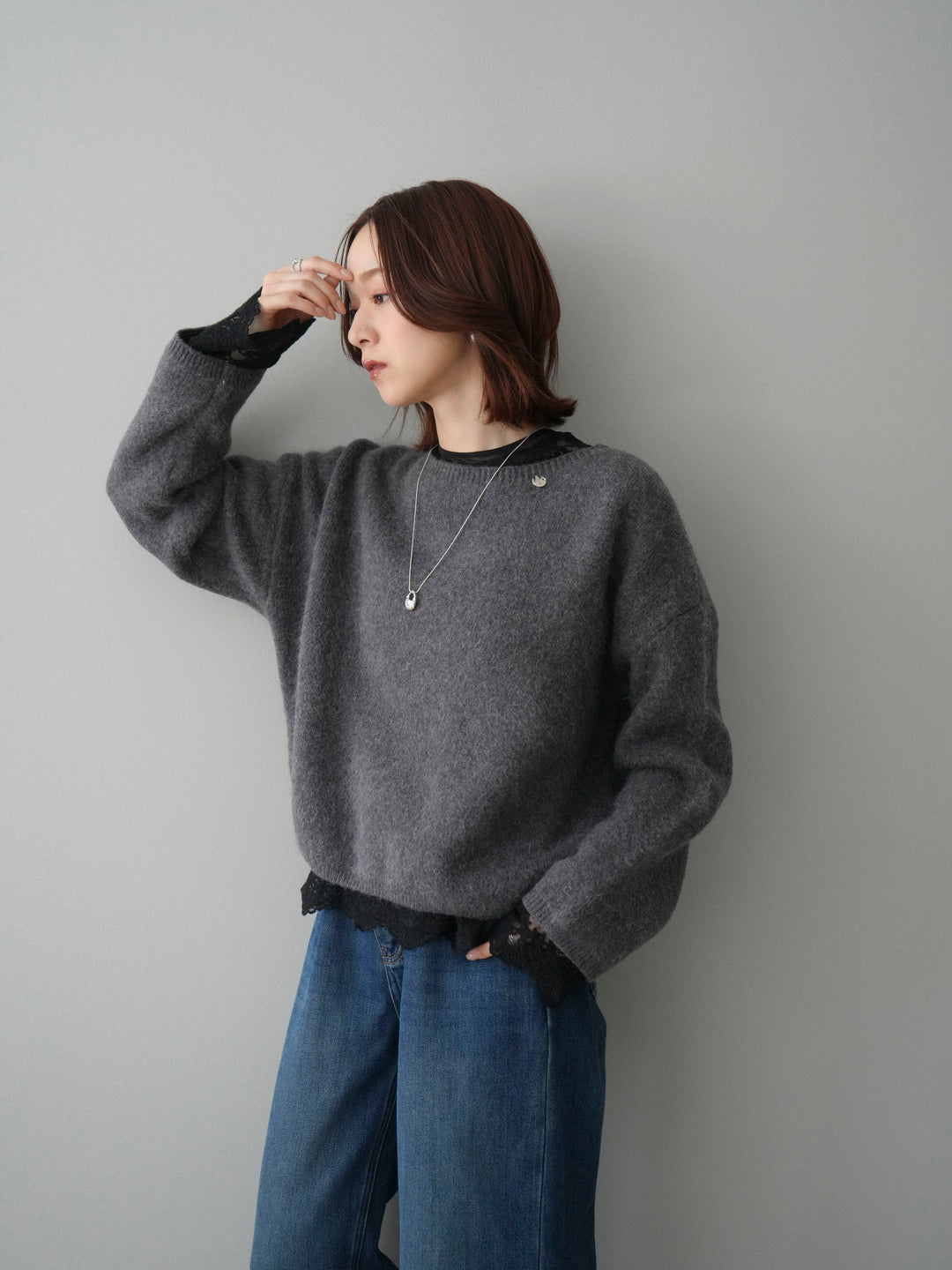 [予約]アンゴラタッチボートネッククロップドプルオーバー/charcoal