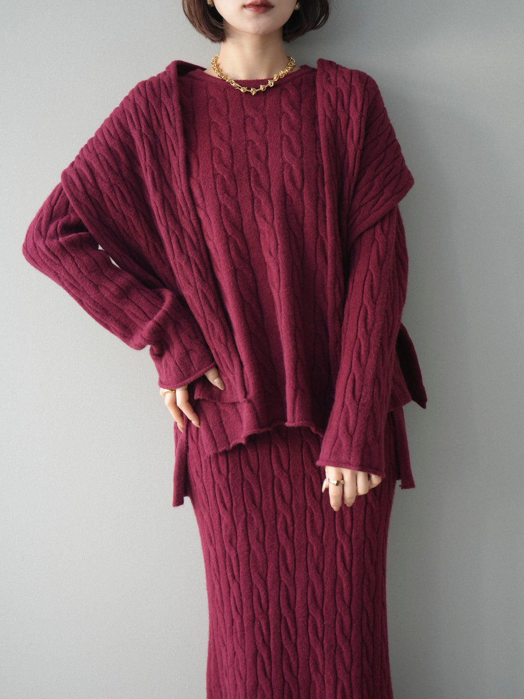 [SET]ストール付ケーブルニットプルオーバー&ロングスカートSET UP(2set)