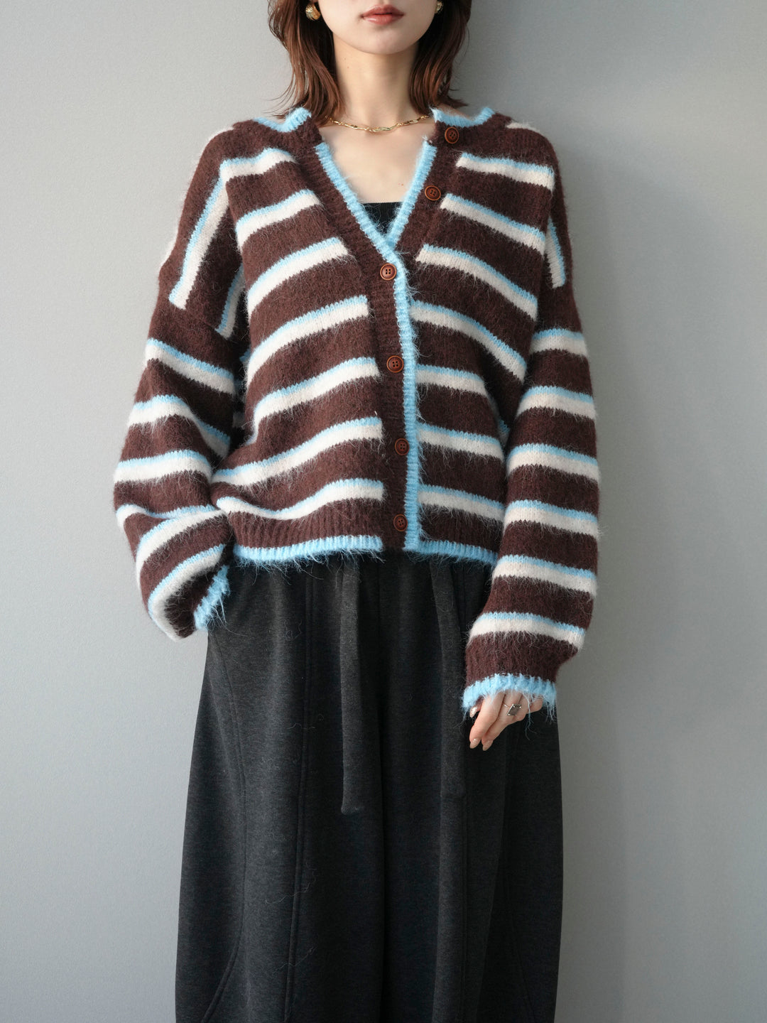 [SET]ウールタッチ配色ボーダーニットカーディガン+ウエストベルトカーブラインスエットパンツ(2set)