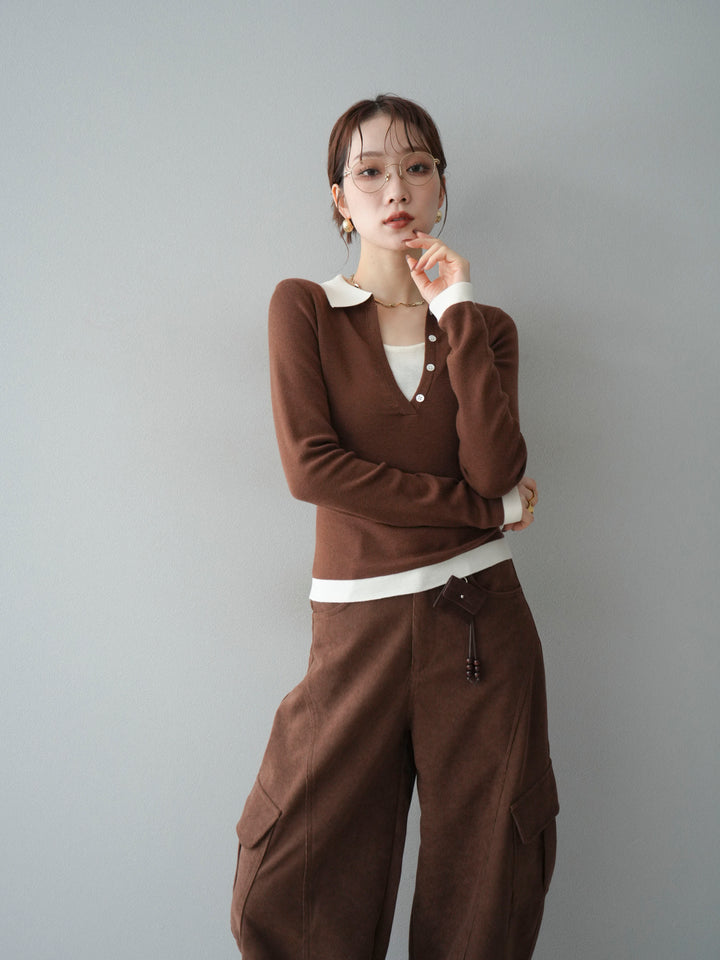 [予約]レイヤード配色ポロニットトップス/brown