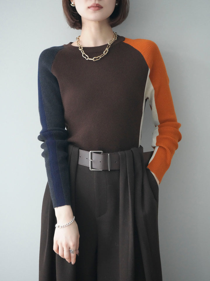 [SET]バイカラーラグランニットトップス+ベルトデザインループウールワイドパンツ(ベルト付)(2set)